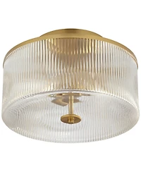 McKenzie 14" Mid Century Modern 2-Light Semi Flush-Mount Ceiling Light Fixture Kitchen Foyer Hallway Drum Round Warm Brass Finish Ribbed Glass Me
