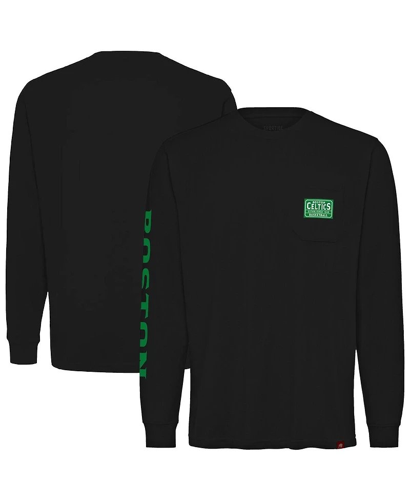Sportiqe Men's and Women's Black Boston Celtics Wales Heavyweight Pocket Long Sleeve T-Shirt