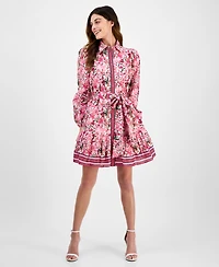 Anne Klein Women's Printed Long-Sleeve Belted Shirtdress
