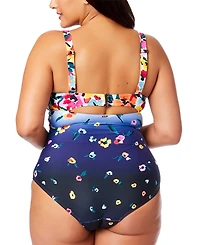 Anne Cole Plus Size Floral-Print Draped-Front Underwire One-Piece Swimsuit
