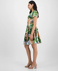 Tahari Petite Floral Belted Pleated Short-Sleeve Dress
