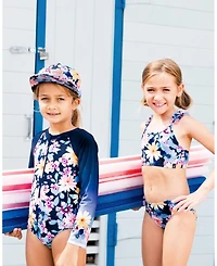 Deux par Girls Printed Long Sleeve Rashguard Navy And Yellow Pink Flowers