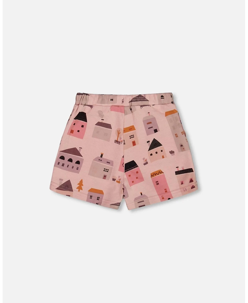 Deux par Toddler Girls Printed French Terry Short Pink And Coral Houses - Toddler|Child