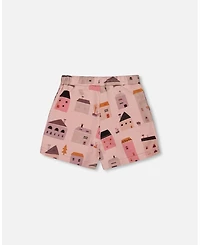 Deux par Toddler Girls Printed French Terry Short Pink And Coral Houses - Toddler|Child