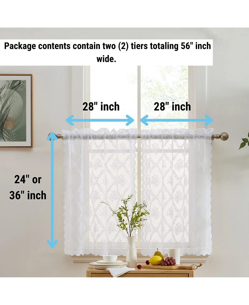 Hlc.me Isabella Floral Rod Pocket Lace Semi Sheer Voile Short Cafe Tiers for Small Windows - 28 x Inch Length (White Tiers
