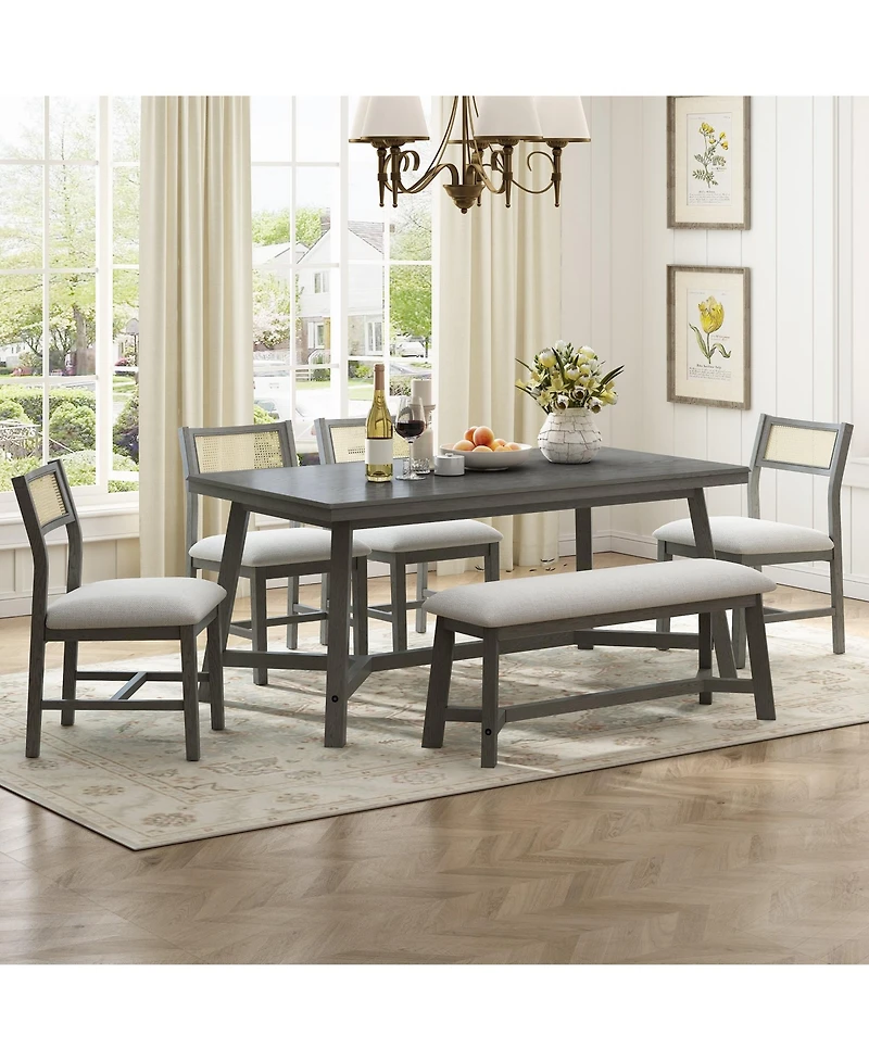 6-piece Retro Farmhouse Style Dining Set, Rectangular Table and 4 Upholstered Chairs with Rattan Bench for Room Kitchen