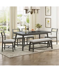 6-piece Retro Farmhouse Style Dining Set, Rectangular Table and 4 Upholstered Chairs with Rattan Bench for Room Kitchen