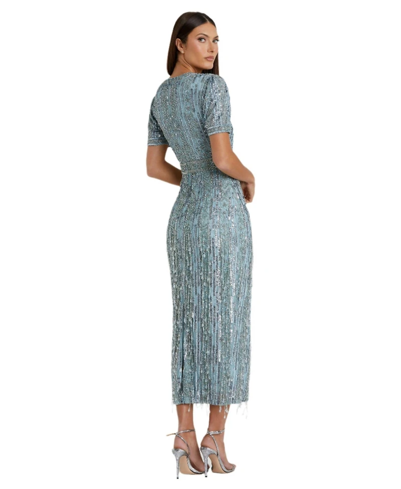Mac Duggal Women's High Neck Short Sleeve Crystal Fringe Column Dress