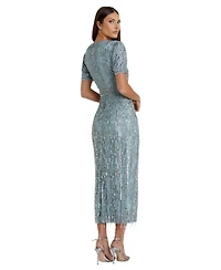 Mac Duggal Women's High Neck Short Sleeve Crystal Fringe Column Dress