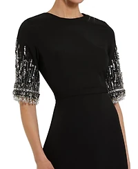 Mac Duggal Women's Crepe A Line Gown With Beaded 3/4 Sleeves