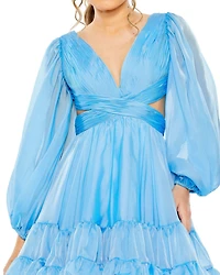 Mac Duggal Women's Long Sleeve Chiffon Cut Out Mini Dress