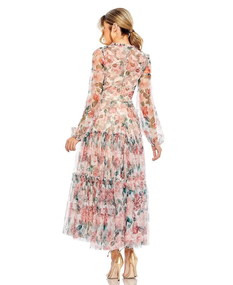 Mac Duggal Women's Long Sleeve High Neck Balloon Midi Dress