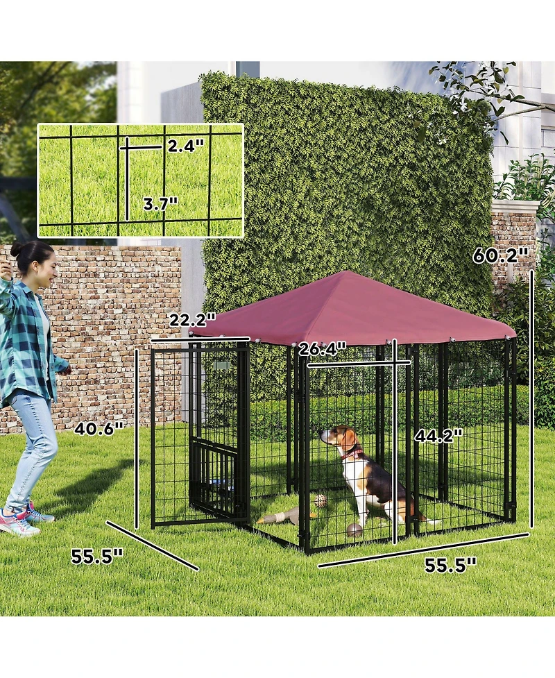 PawHut Dog Kennel with Rotating & Adjustable Bowls, 4.6' x 4.6' x 5'