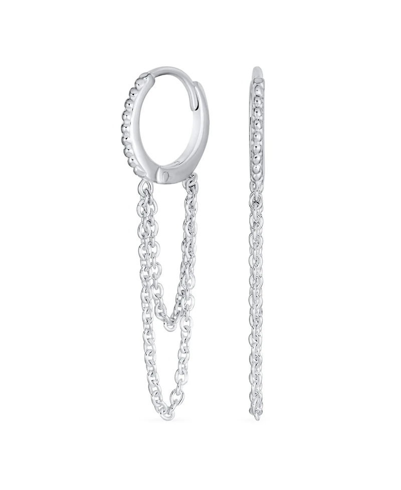 Bling Jewelry Trendy Dainty Cz Hoop Earrings with Pave Accent and Double Chain in Sterling Silver