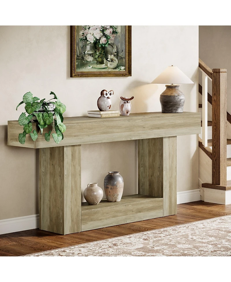 Tribesigns 63" Console Table, Farmhouse 2-Tier Entryway Table with U-Shaped Base, Narrow Long Wood Sofa Behind Couch for Living Room,