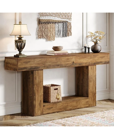 Tribesigns 63" Console Table, Farmhouse 2-Tier Entryway Table with U-Shaped Base, Narrow Long Wood Sofa Table Behind Couch Table for Living Room,