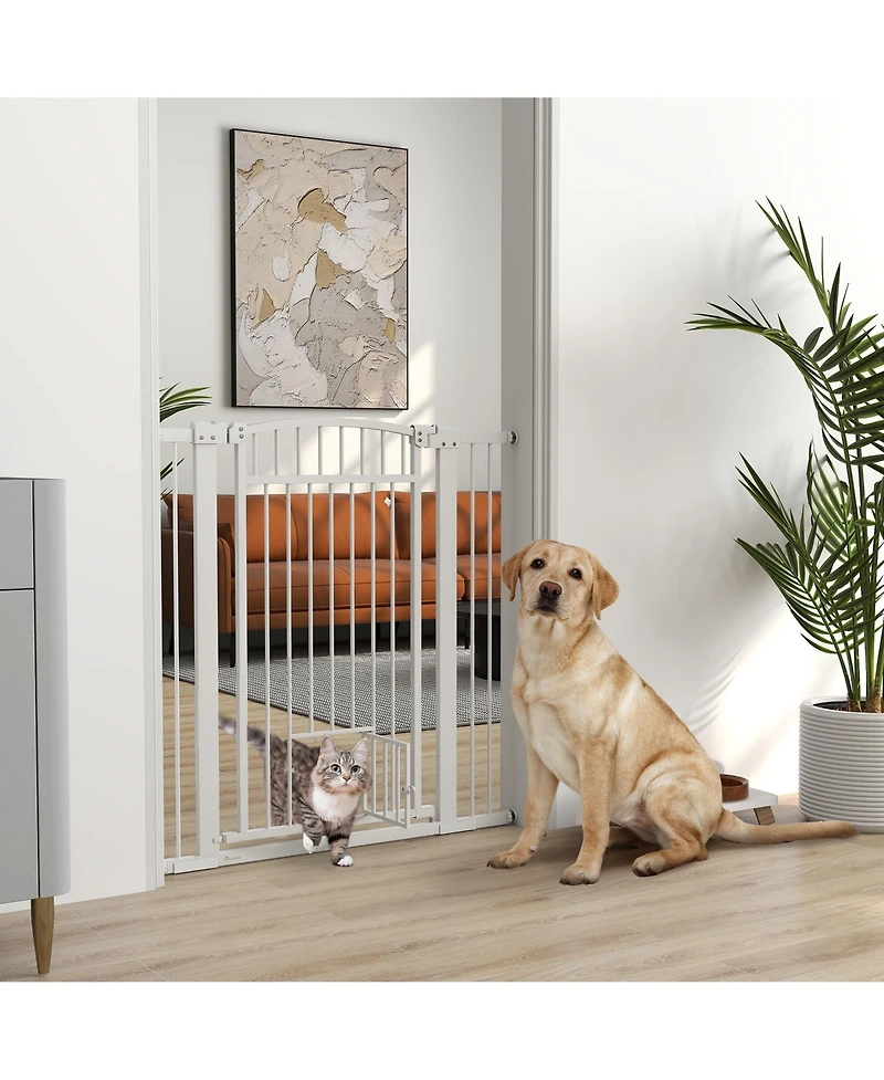 PawHut 30"-41" Dog Gate w/ Cat Door, 3-Inch & 5.5-Inch Extension Kit, 42" H