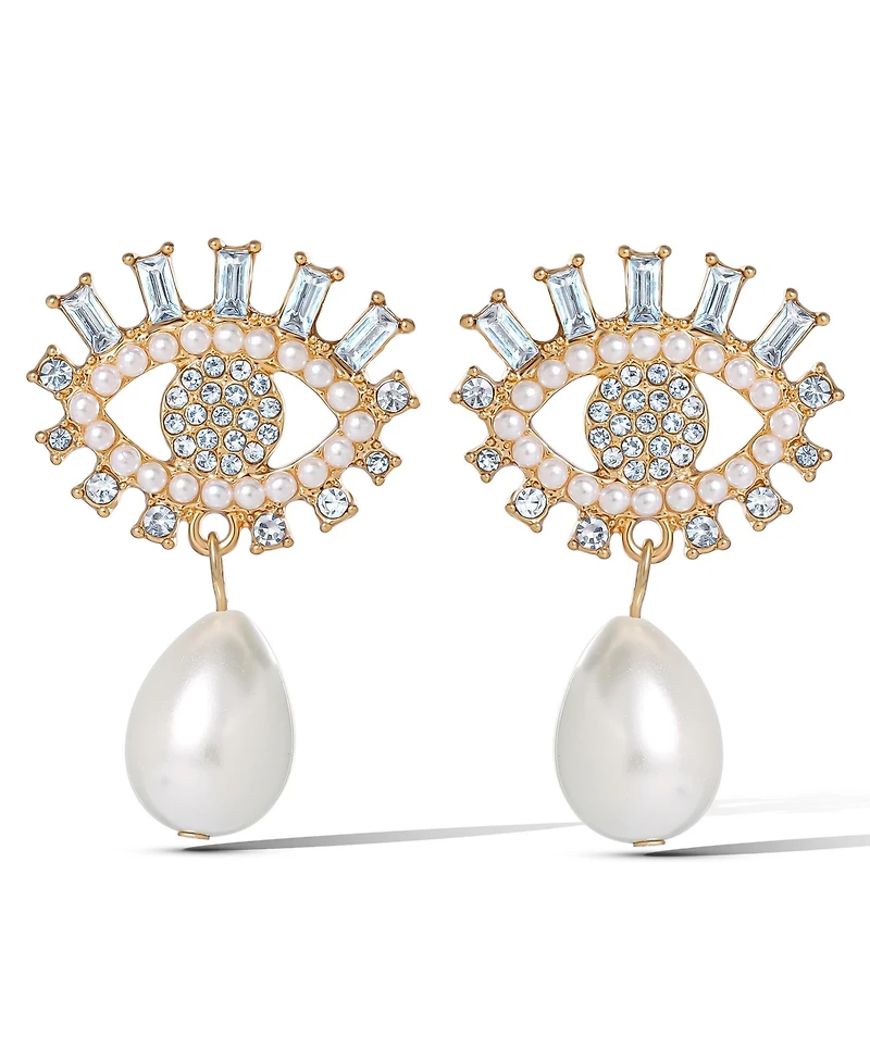 Jessica Simpson Gold-Tone Evil Eye Pearl Drop Earrings