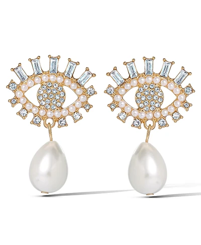 Jessica Simpson Gold-Tone Evil Eye Pearl Drop Earrings