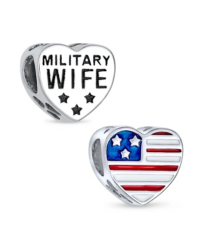 Bling Jewelry Heart Shape Usa Flag Military Wife Charm Bead Sterling Silver Bracelet