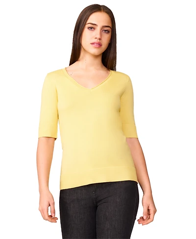 Melissa Paige Petite Rolled V-Neck Elbow-Sleeve Sweater