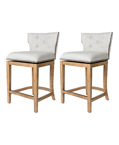Maven Lane Hugo Counter Stool, Weathered Oak w/ Sand Fabric Upholstery, Set of 2