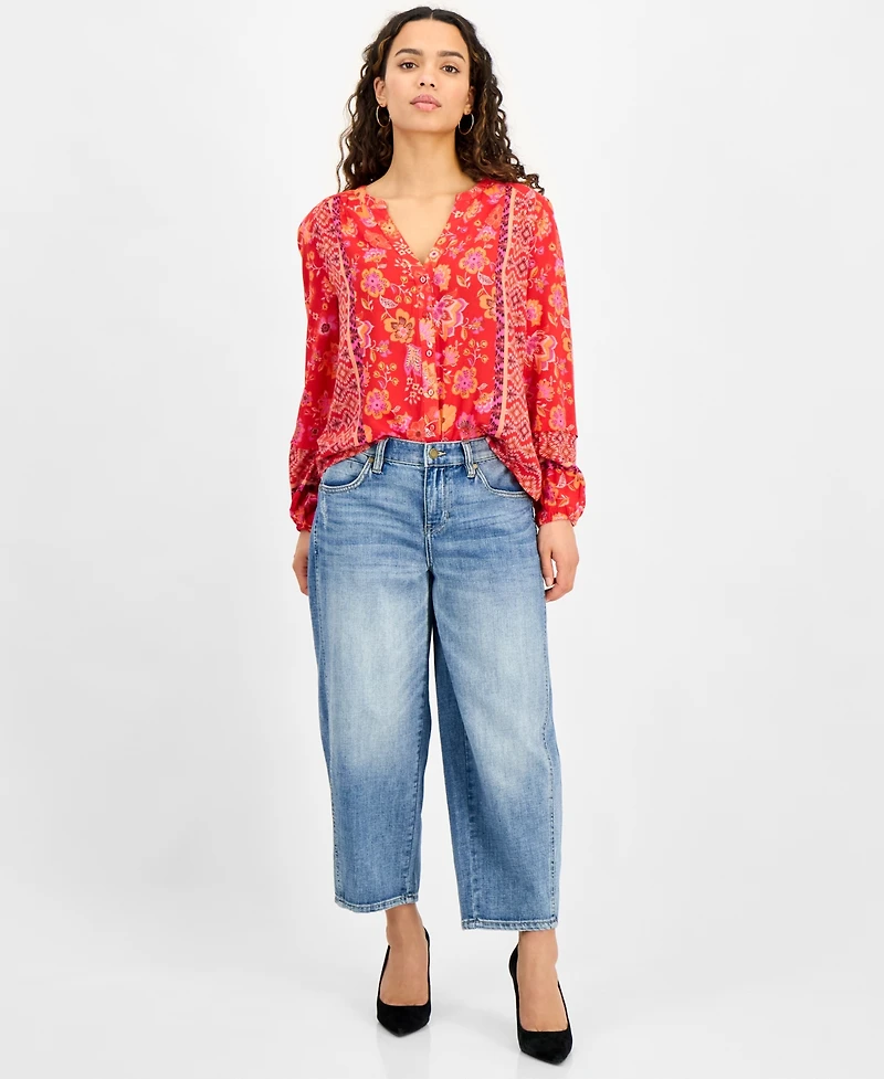 Liverpool Los Angeles Petite Mixed-Print Button-Front Blouse