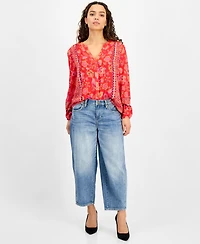 Liverpool Los Angeles Petite Mixed-Print Button-Front Blouse