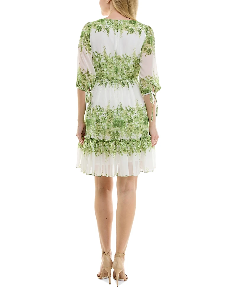 Taylor Petite V-Neck Tie-Sleeve Fit & Flare Chiffon Dress