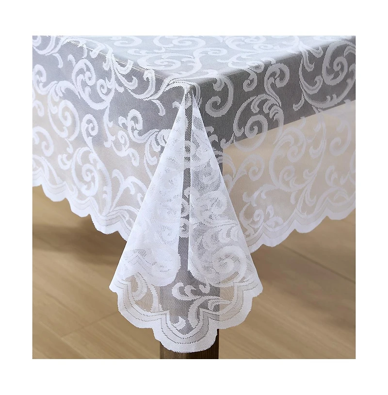Hlc.me Scroll Lace Fabric Tablecloth, Lace Fabric Table Cloth for Small Rectangle Tables, Wrinkle Resistant Tablecloth, Patterned Scalloped Tablecloth