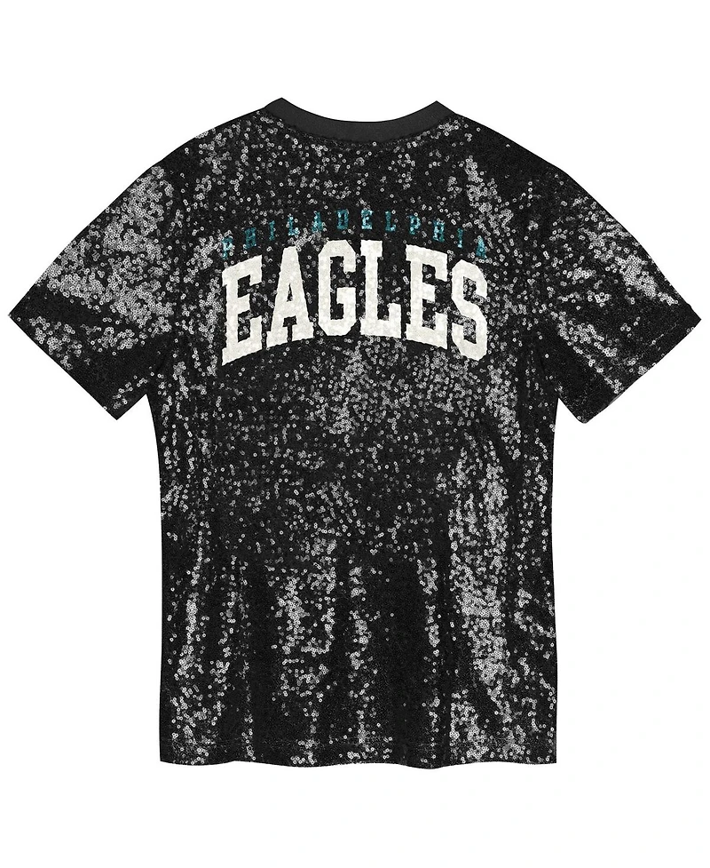 Outerstuff Big Girls Black Philadelphia Eagles Wordmark Sequin V-Neck Top