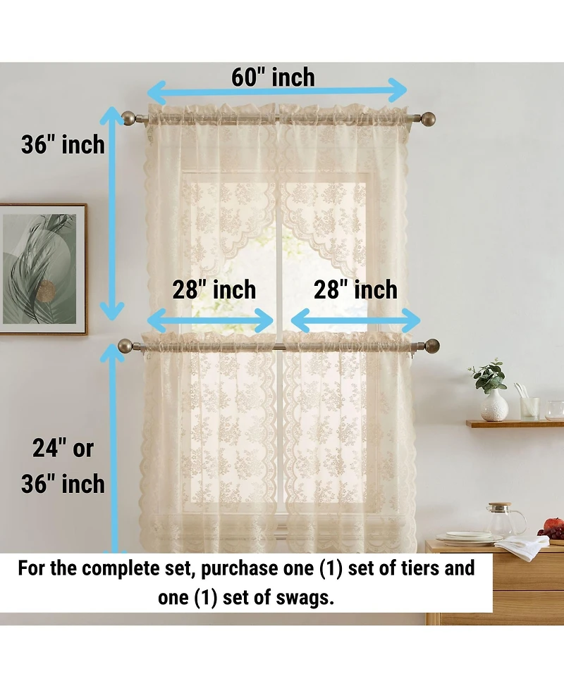 Hlc.me Jolene Floral Rod Pocket Lace Semi Sheer Voile Short Valance for Small Windows, Kitchen & Bathroom