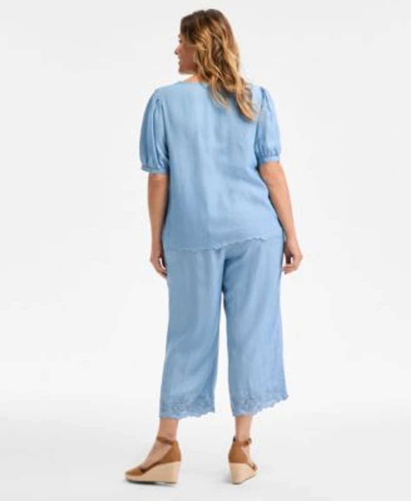 Style Co Plus Size Scalloped Eyelet Top Chambray Pull On Pants Exclusively At Macys