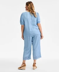 Style Co Plus Size Scalloped Eyelet Top Chambray Pull On Pants Exclusively At Macys