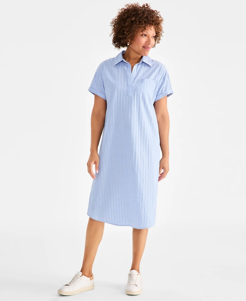Style & Co Petite Cotton Striped Short-Sleeve Popover Dress, Exclusively at Macy's