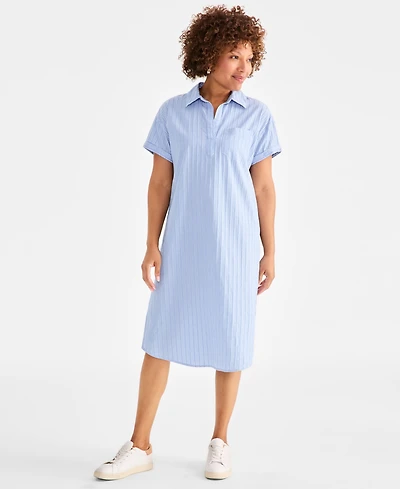 Style & Co Petite Cotton Striped Short-Sleeve Popover Dress, Exclusively at Macy's