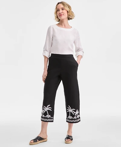 Charter Club Women's Embroidered 100% Linen Cropped Pants, Exclusively at Macy's