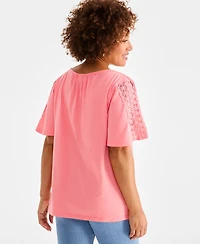 Style & Co Petite Lace-Trimmed V-Neck Pullover Top, Exclusively at Macy's