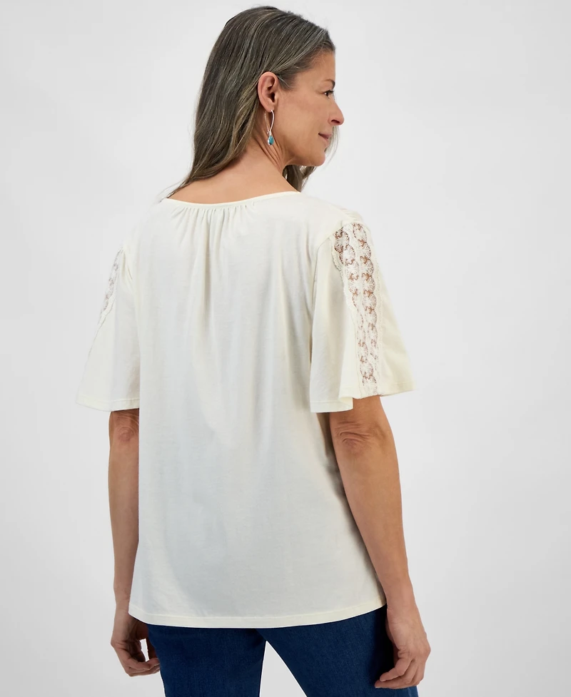 Style & Co Petite Lace-Trimmed V-Neck Pullover Top, Exclusively at Macy's