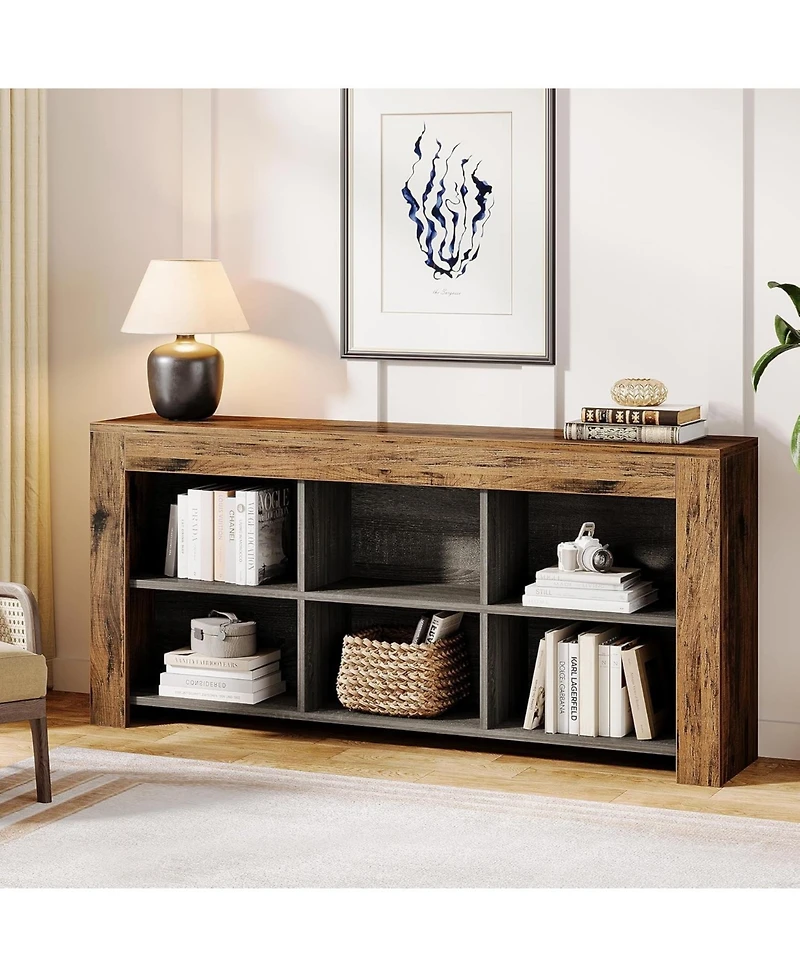 Tribesigns Horizontal Bookcase, Industrial 6 Cubes Storage Organizer Long Bookshelf, Rustic Wood Low Bookshelf Wide Cubby Bookcase for Home Office, Li