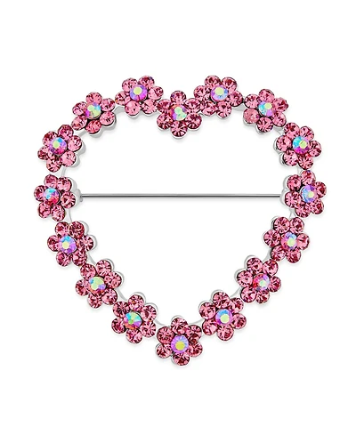 Bling Jewelry Romantic Pink Crystal Heart Flower Brooch Pin Rhodium Plated Alloy