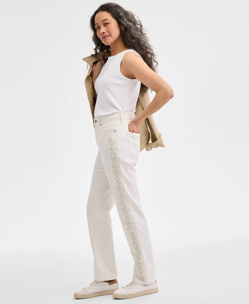 Style & Co Petite Embroidered High-Rise Straight-Leg Jeans, Created for Macy's