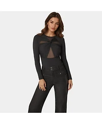 Bebe Women's Mesh Combo Front Twist Knit Bodysuit