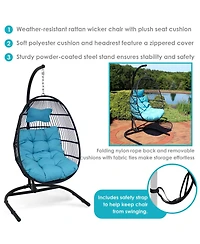 Outdoor Resin Wicker Patio Julia Hanging Basket Egg Chair Swing with Cushions, Headrest, and Steel Stand Set - 3pc