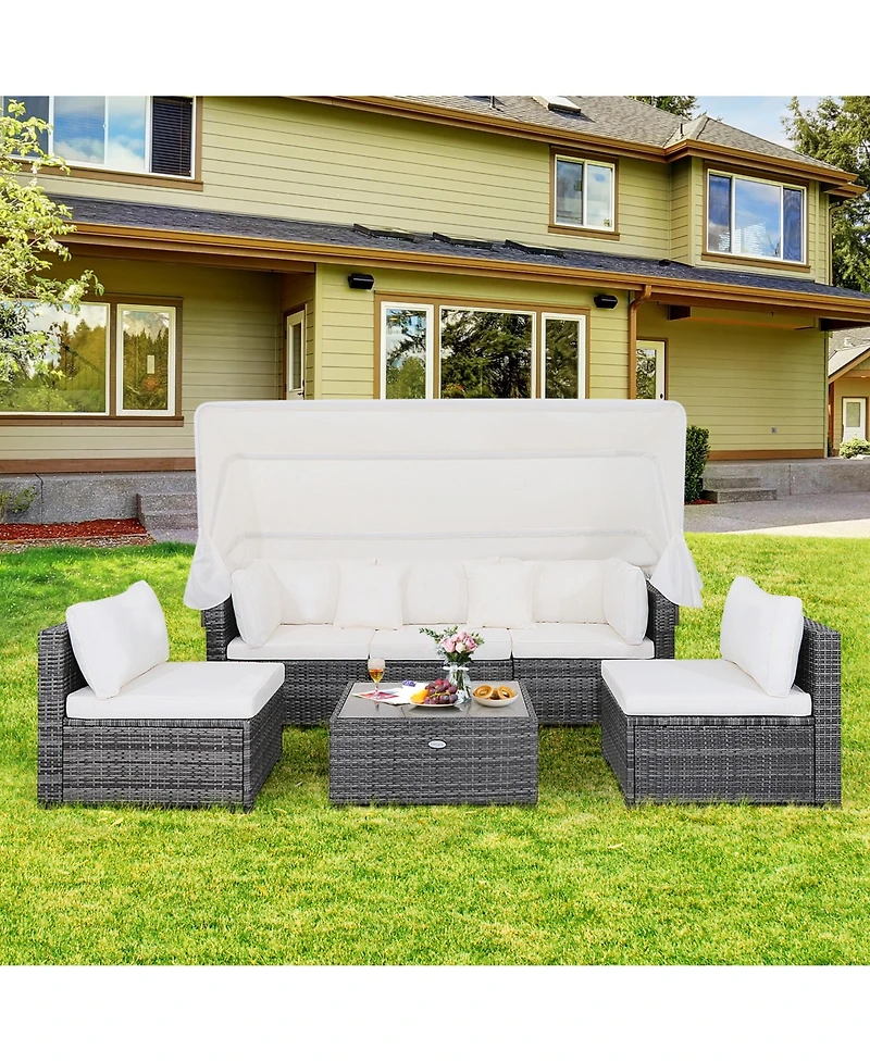 Gymax 6 Pcs Pe Rattan Patio Furniture Set w/ Tempered Glass Table and Retractable Canopy