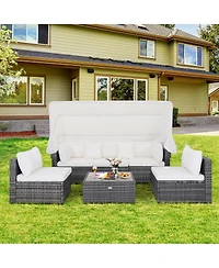 Gymax 6 Pcs Pe Rattan Patio Furniture Set w/ Tempered Glass Table and Retractable Canopy