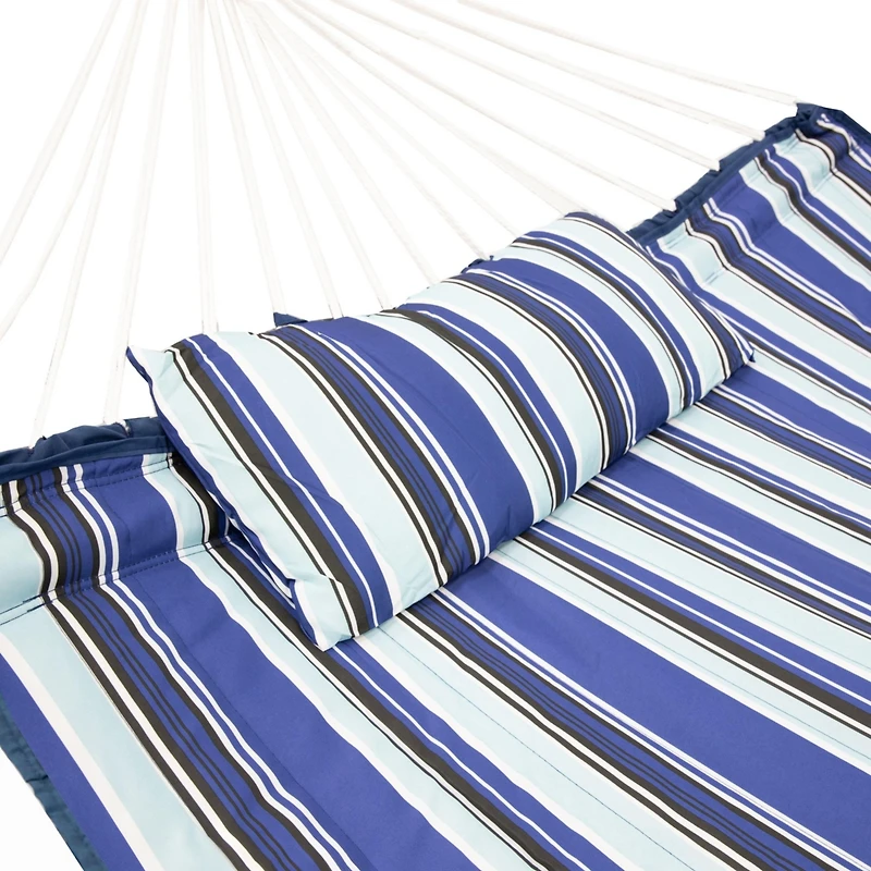 Outdoor Quilted Double Hammock with Pillow and Curved Metal Spreader Bars