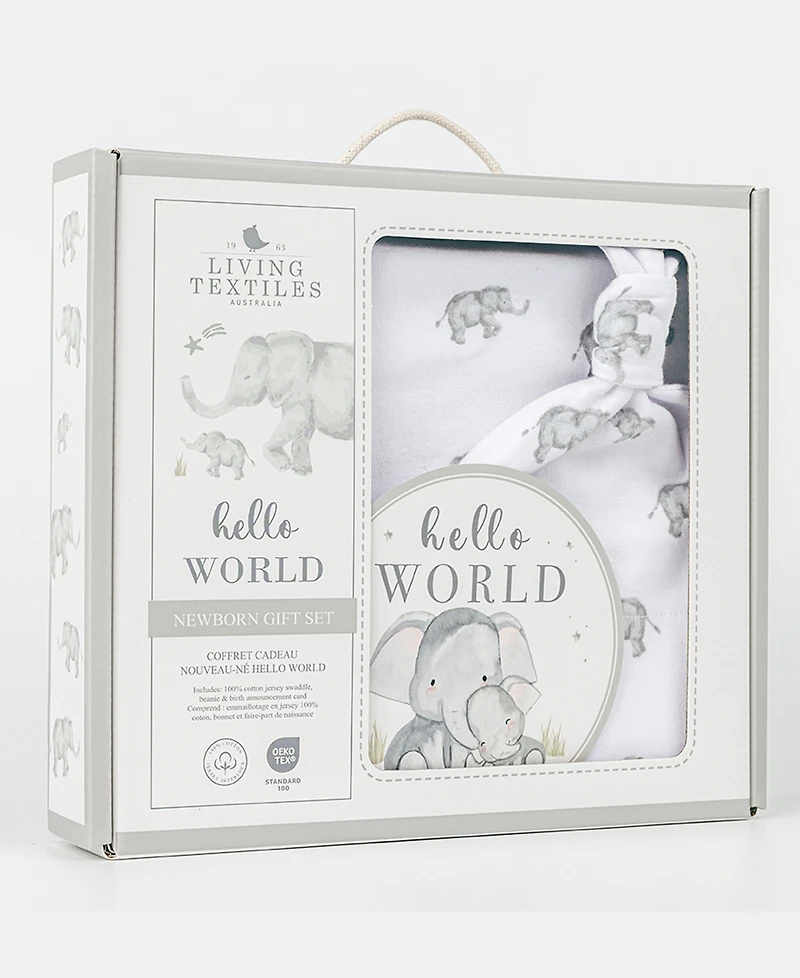 Living Textiles Baby Boys and Girls 3-Piece Elephant Heritage Collection Hello World Gift Set
