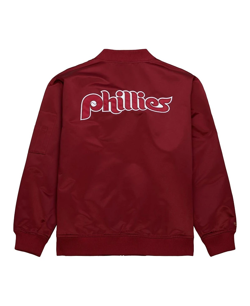 Mitchell & Ness Men's Burgundy Philadelphia Phillies Vintage Logo Satin Full-Zip Bomber Jacket