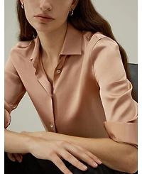 Women's Minimalist Placket Silk Blouse with Shell Buttons